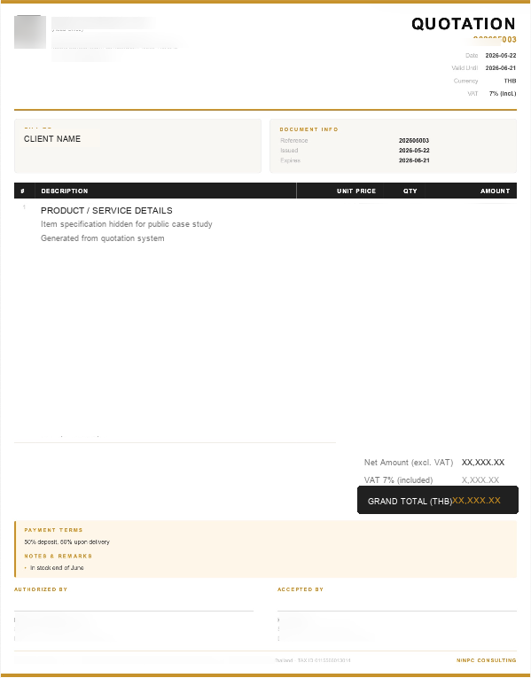 Generated quotation PDF with public data redacted