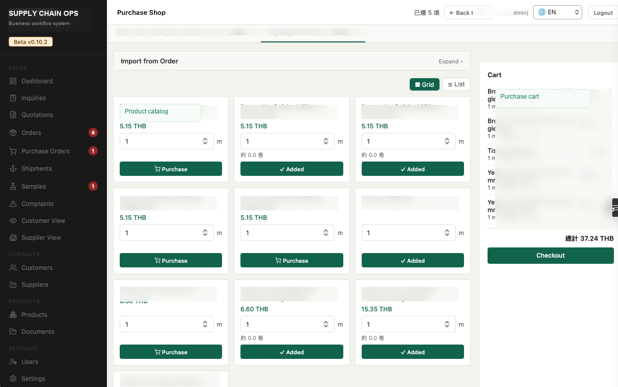 Purchase shop workflow with public data redacted